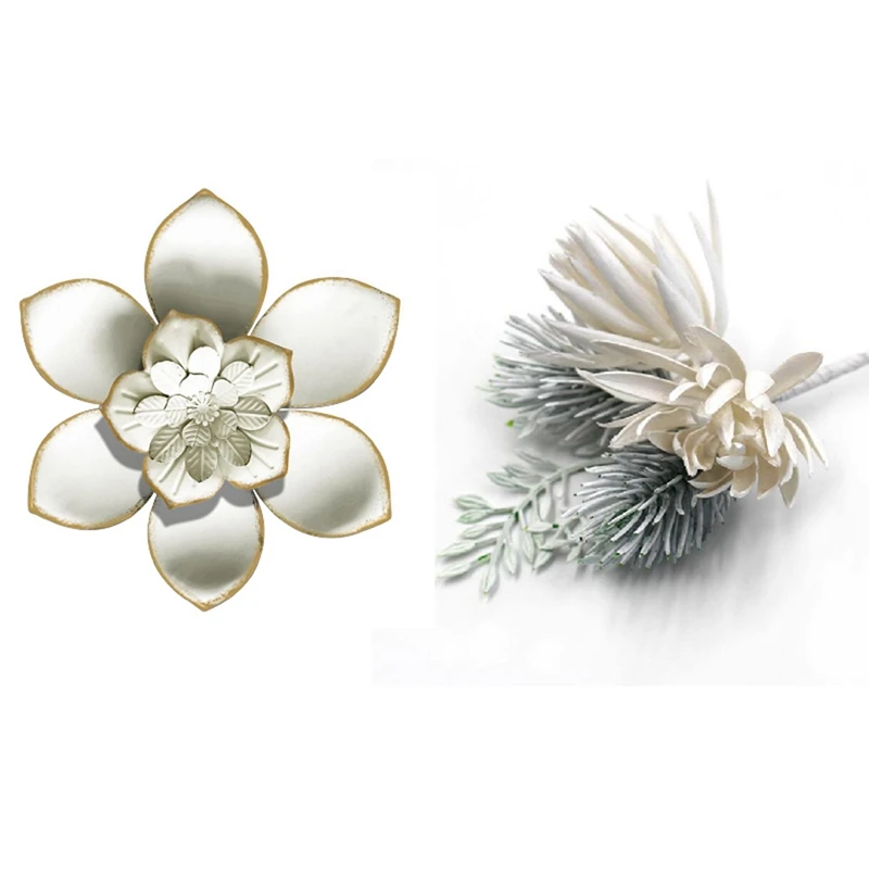 

12Pcs Artificial Flowers Pine Grass Flower & 1X Metal Flower Wall Art Decor For Home Garden Yard Lotus Wall Art Crafts