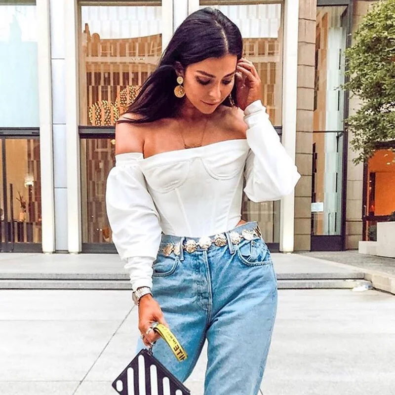 2020 Slash Neck Long Sleeve White Solid Sexy Crop Tops Autumn Winter Women Streetwear Club Party Outfits T-shirts | Женская одежда