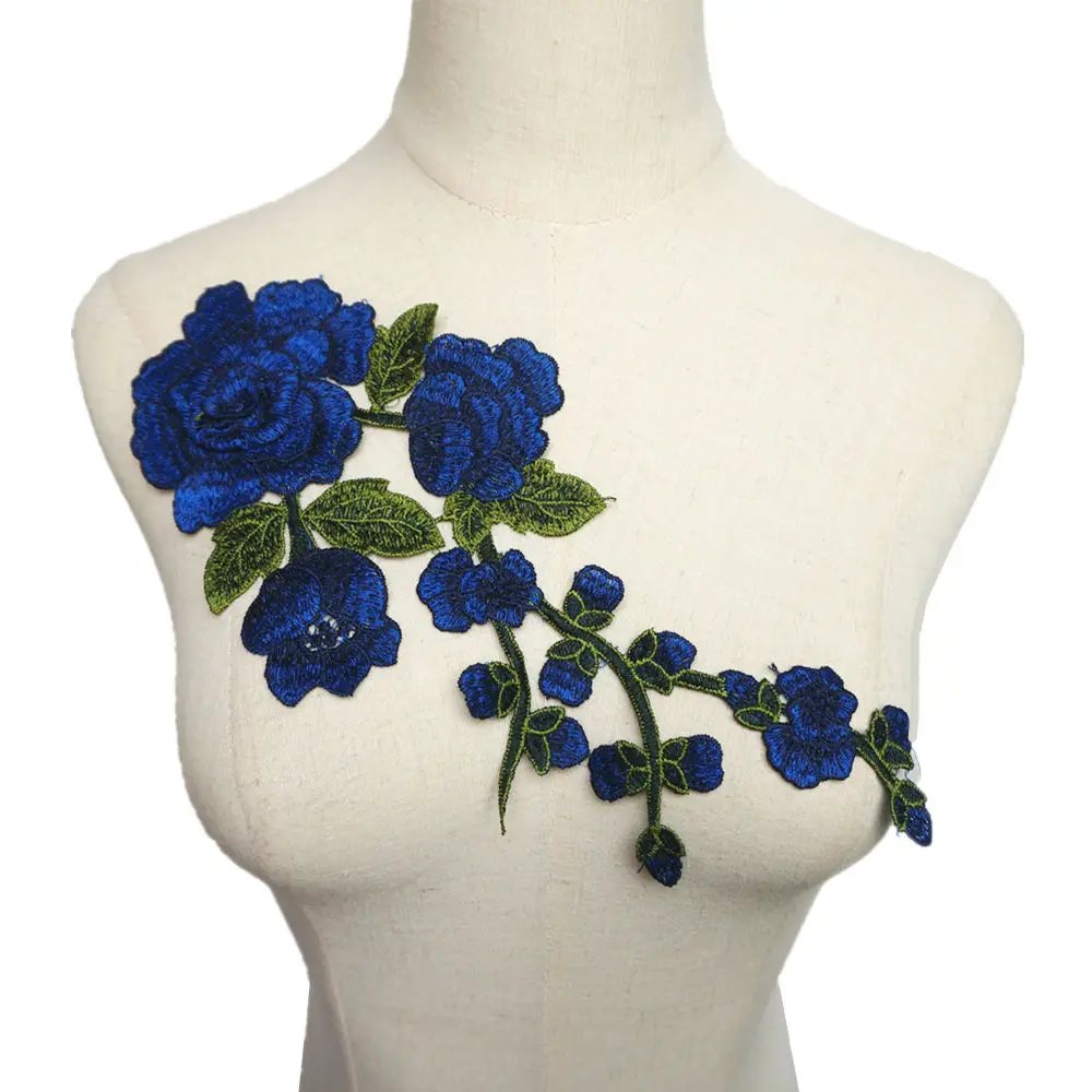 Королевский синий вышитый патч цветы розы 3D пион свадебные аппликации кружевные