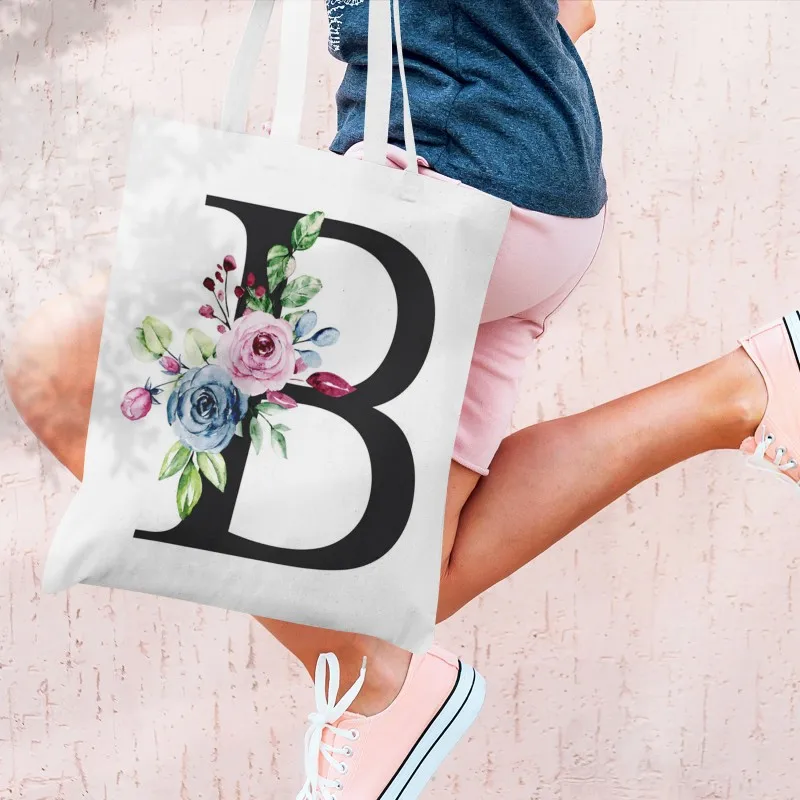Сумка-шоппер Складная холщовая саквояж с цветочным рисунком и 26 буквами для