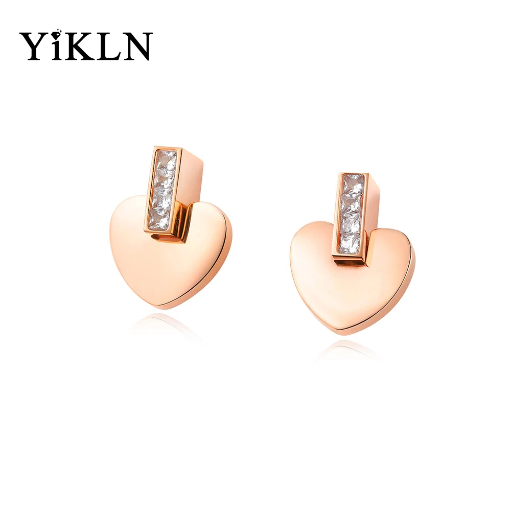YiKLN Small Cute Heart Inlay CZ Stainless Steel Stud Earrings For Women Rose Gold Ear Jewelry Accessories Girl Gift YE17121 | Украшения и