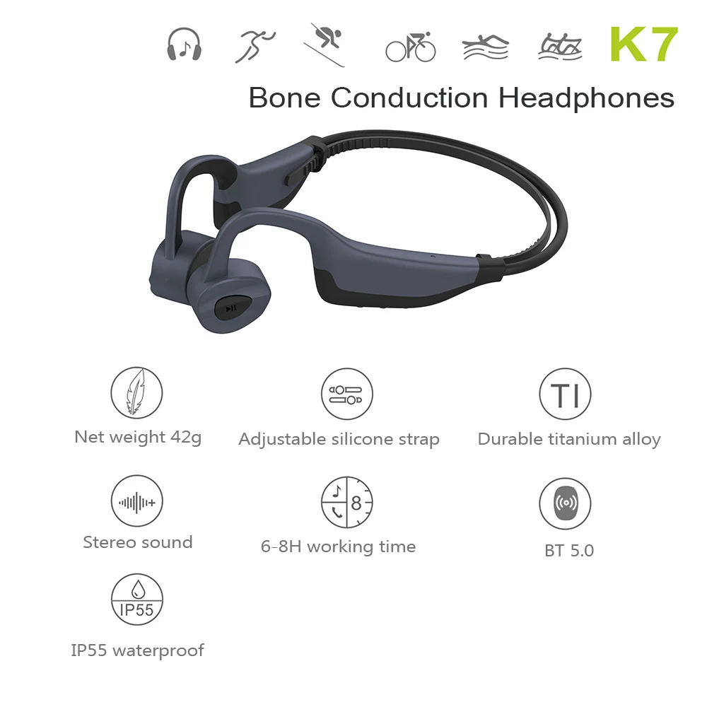 Наушники K7 с костной проводимостью регулируемые без давления Bluetooth 5 0 гарнитура