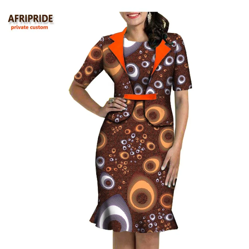 Afripride spring&autumn african 2-pieces suit for women short sleeve single button top+knee-length dress women suit A722664