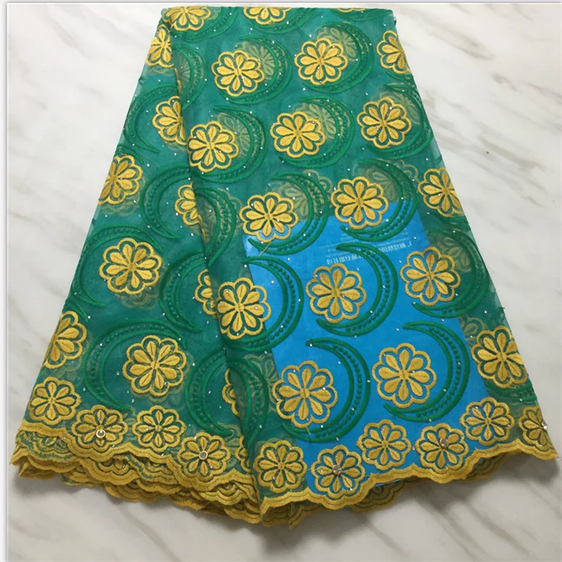 Зеленый/желтый молочный шелк Африканский кружева ткани вышитые африканский тюль