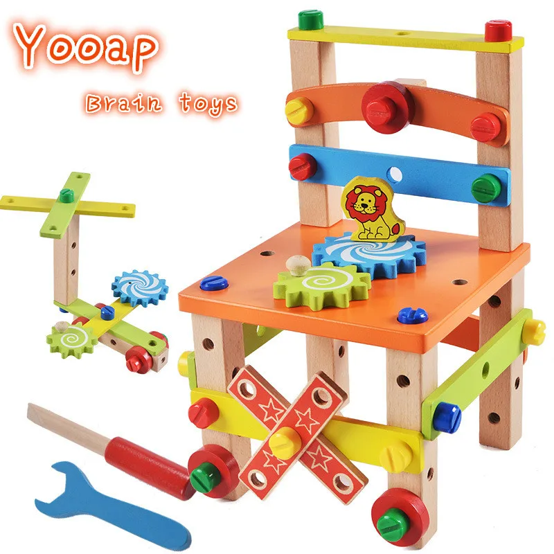 

Wooden Assembling Chair Montessori Toys Baby Educational Wooden Toy Preschool Multifunctional Variety Nut Combination Chair Tool