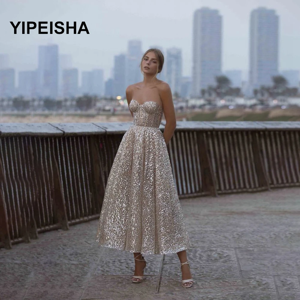 

2021 New Glitter Gold Champagne Prom Dresses Sweetheart Boning Fitted Slim Tea Length Evening Gowns Cocktail Party Dress