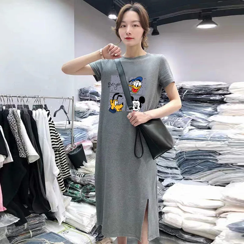 

Disney Mickey Mouse Donald Duck Korean student mid-length dress female plus size slim split T-shirt skirt knee-length skirt
