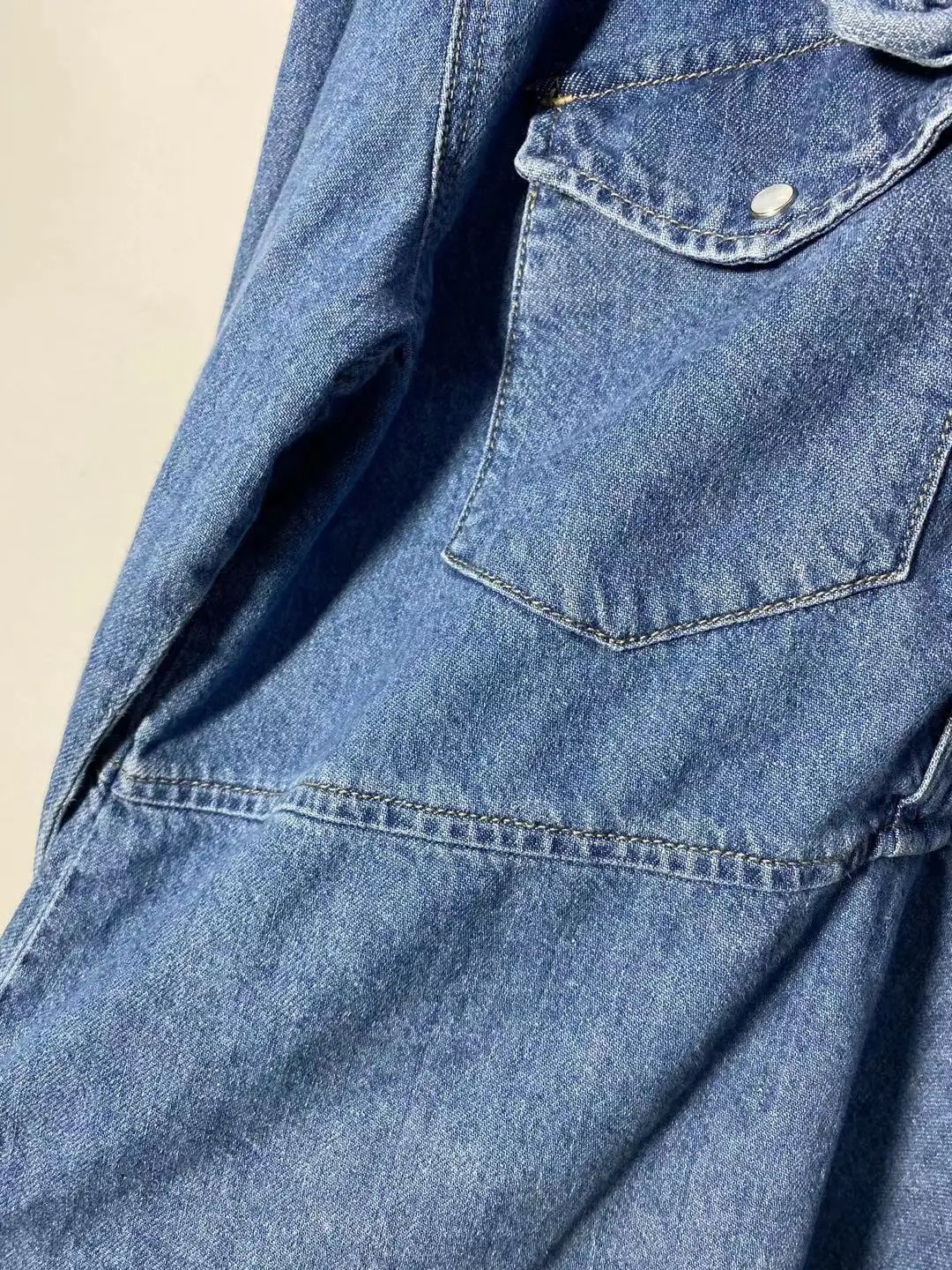 

100% Cotton Women Loose Denim Blouse Peter pan Collar Back Buttons Casual Long Sleeve Chest Pockets Shirt