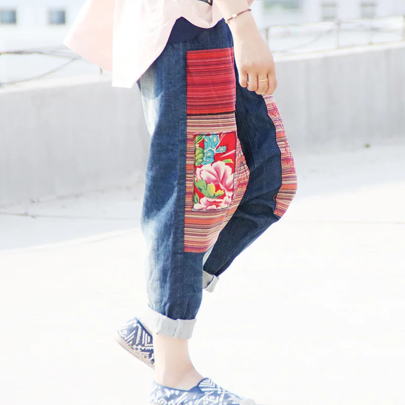 2020 осенние джинсы в этническом стиле с цветочным принтом женские мешковатые