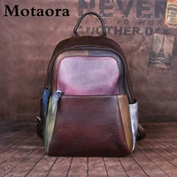 motaora genuine leather vintage women backpack 2022 new hand painted panelled retro bags ladies leisure travel backpack mochila