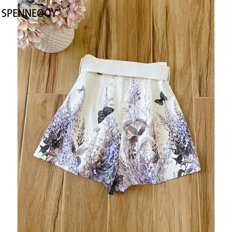 SPENNYMOOR 2021 Runway Summer High-End Two Piece Set Women Butterfly Embroidery Purple Print Silk Blouse + Linen Shorts Sets