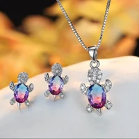hot sale multicolor blue black zircon rainbow stone turtle pendant necklace earrings set for women fashion animal jewelry set