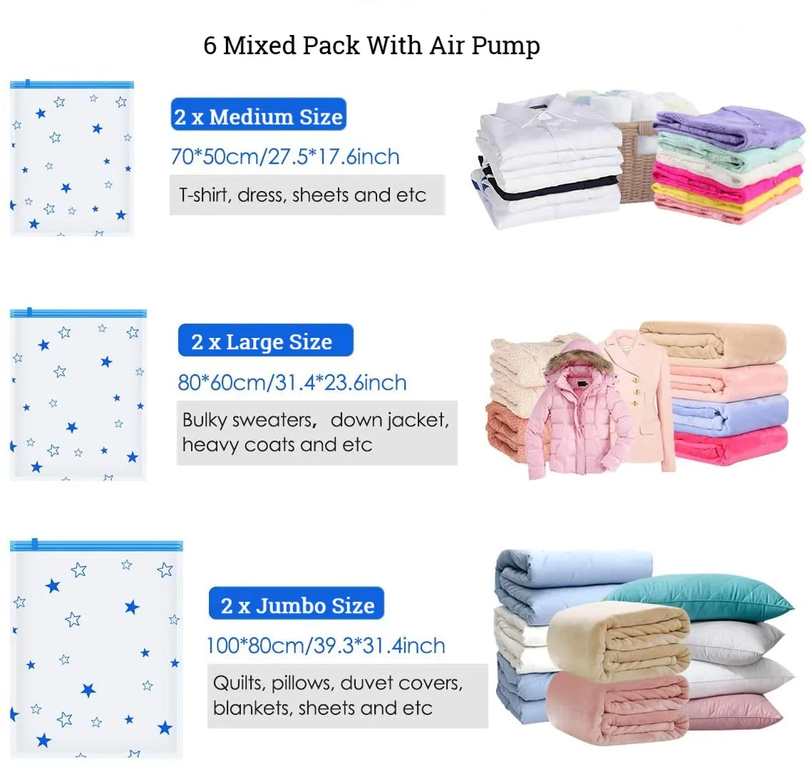 6 шт./упак. вакуумные пакеты для хранения с ручной воздушный насос многоразовые