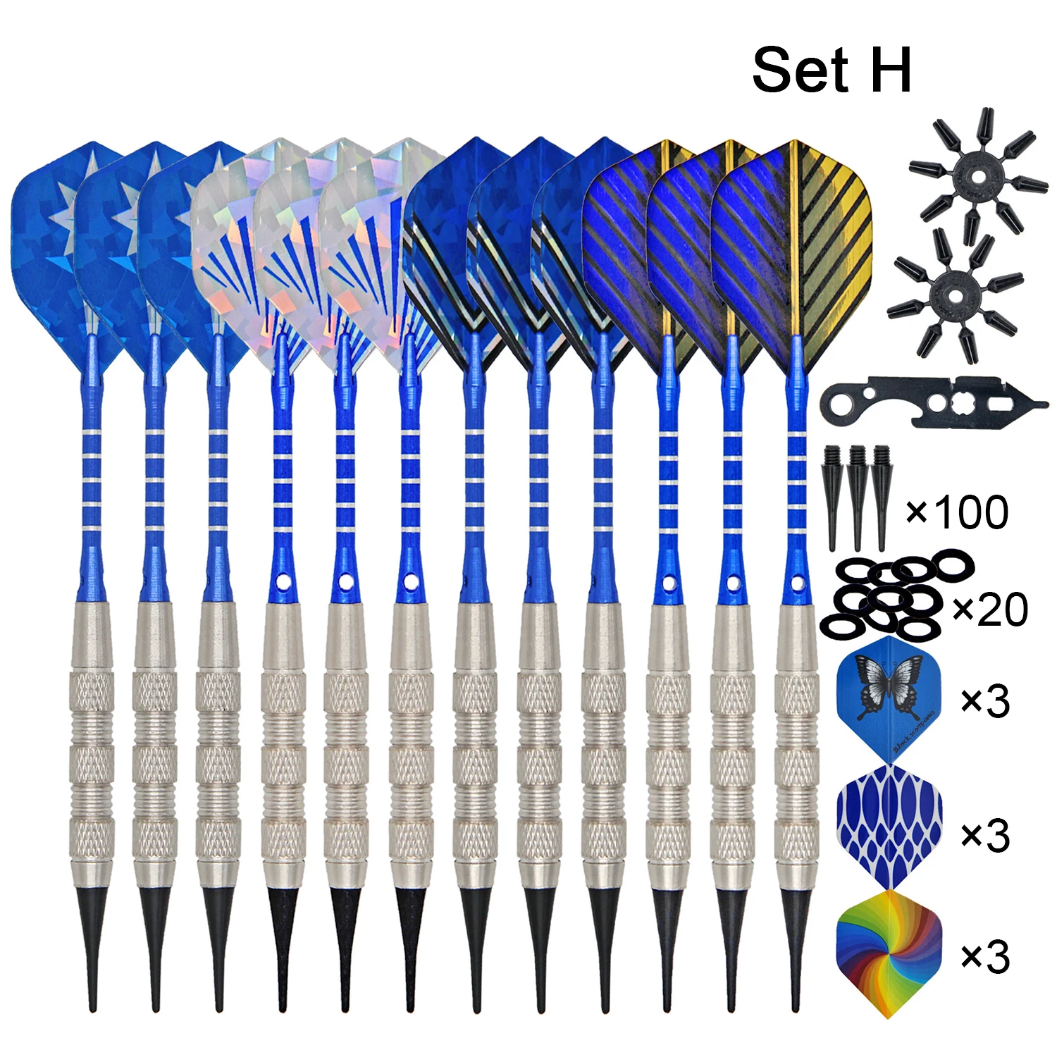 

12pcs Darts Dart Flight Set with 100pcs Spare Soft Dart Tips Dart Flights Savers O Rings and Wrench Tool Indoor Entertainment