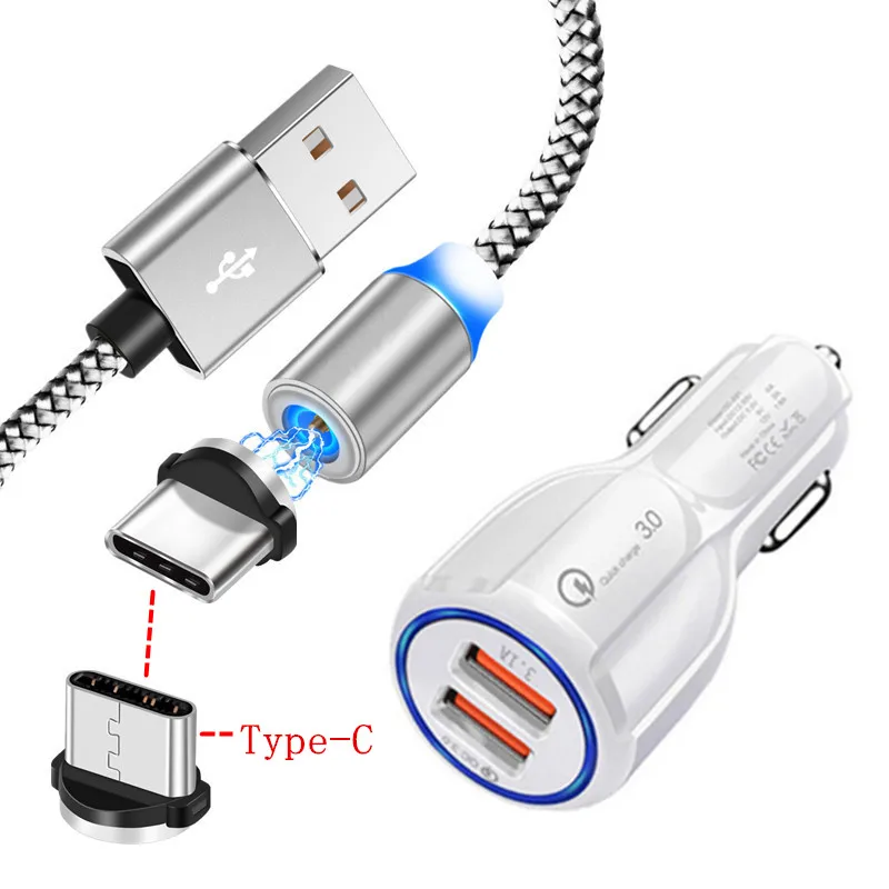 EU charger and cable Для samsung galaxy A20 A30 A40 A50 A70 S8 Redmi K20 Pro кабель для мобильного телефона Магнитный Тип C USB СВЕТОДИОДНЫЙ светильник QC 3,0 быстрое автомобильное зарядное устройство - Тип штекера: EU charger and cable
