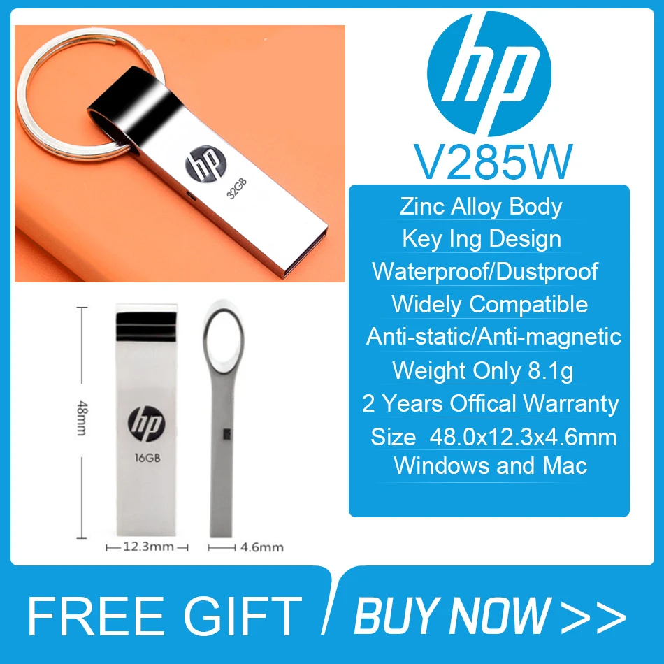 HP V285W металлический USB флэш-накопитель 8 ГБ/16 ГБ/32 ГБ/64 ГБ водонепроницаемый