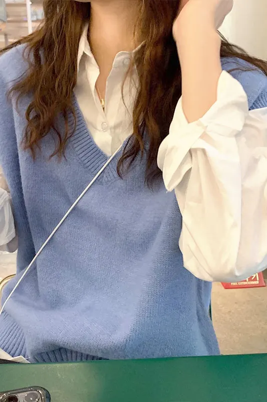 

Spring Autumn Korean Chic Sweater Vests Women Preppy Style Sweet V Neck Sleeveless Solid Color Loose Vest Knitwear for Student