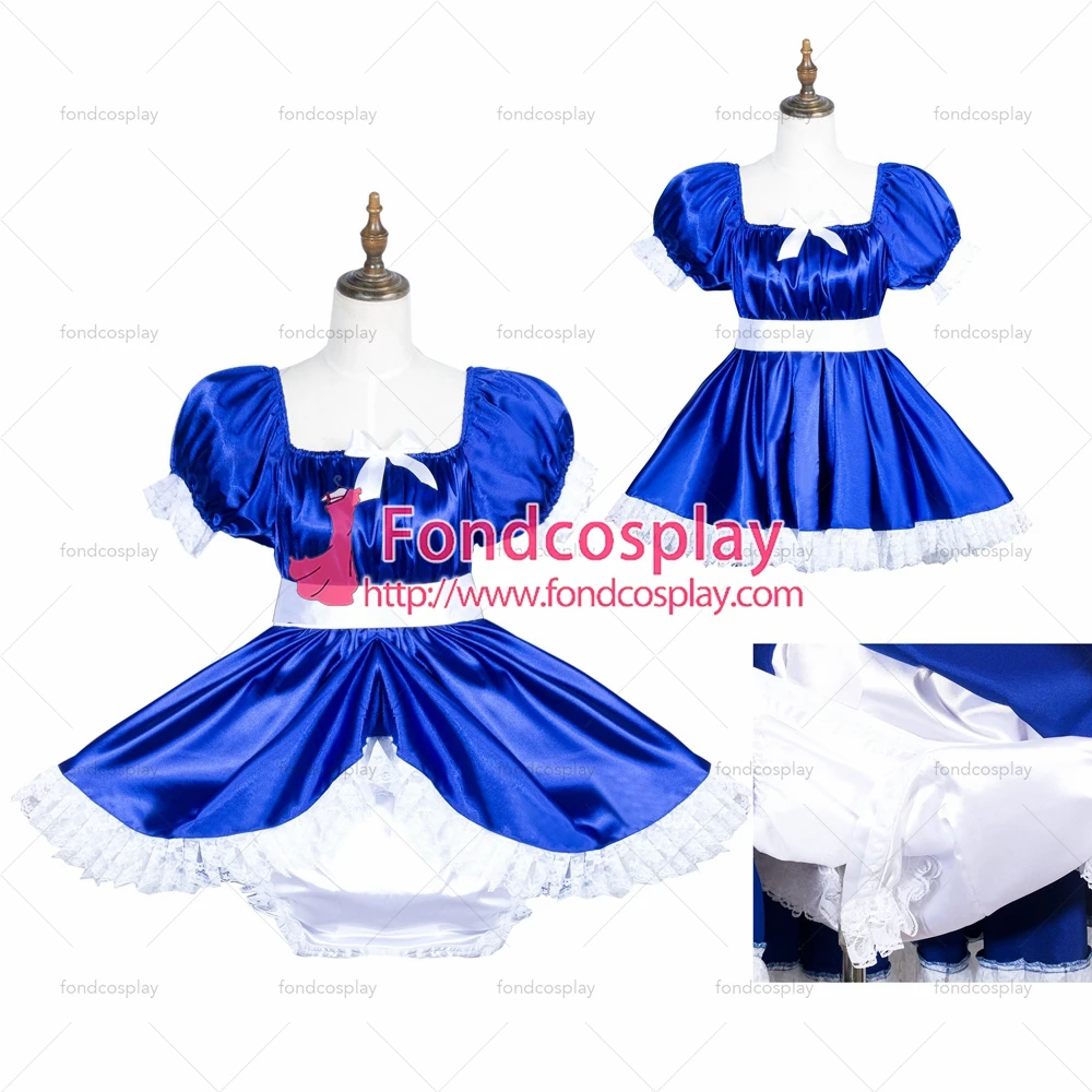 

fondcosplay adult sexy cross dressing sissy maid short blue satin dress lockable Uniform jumpsuits rompers Tailor-made[G3776]