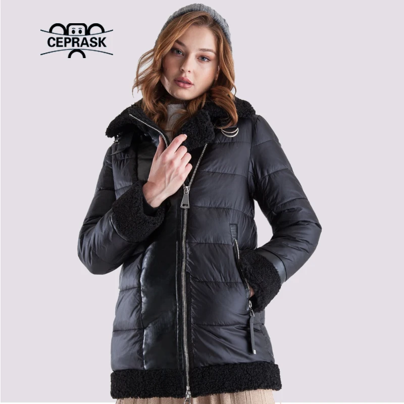 

CEPRASK 2021 New Winter Plush Jacket Women Padded Quilted Coat Hooded Short Faux Fur Thickened Fashion Female Lamb Wool Parkas