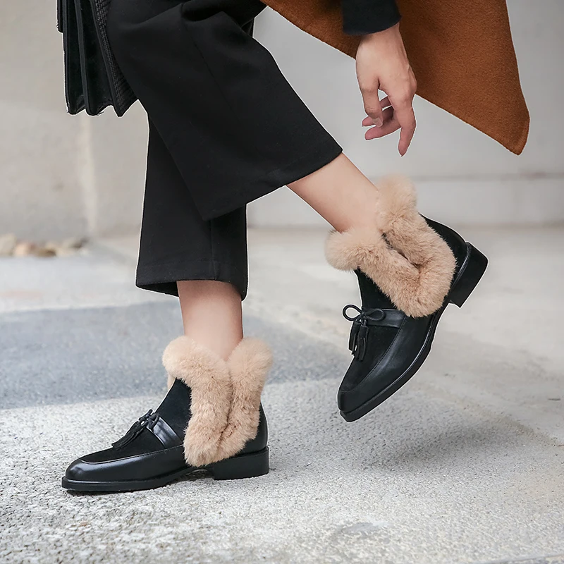 

Rizabina Women Ankle Boots Real Leather Shoes Flat Slip On Shoes Round Toe Short Warm Winter Boots Party Footwear Size 33-40