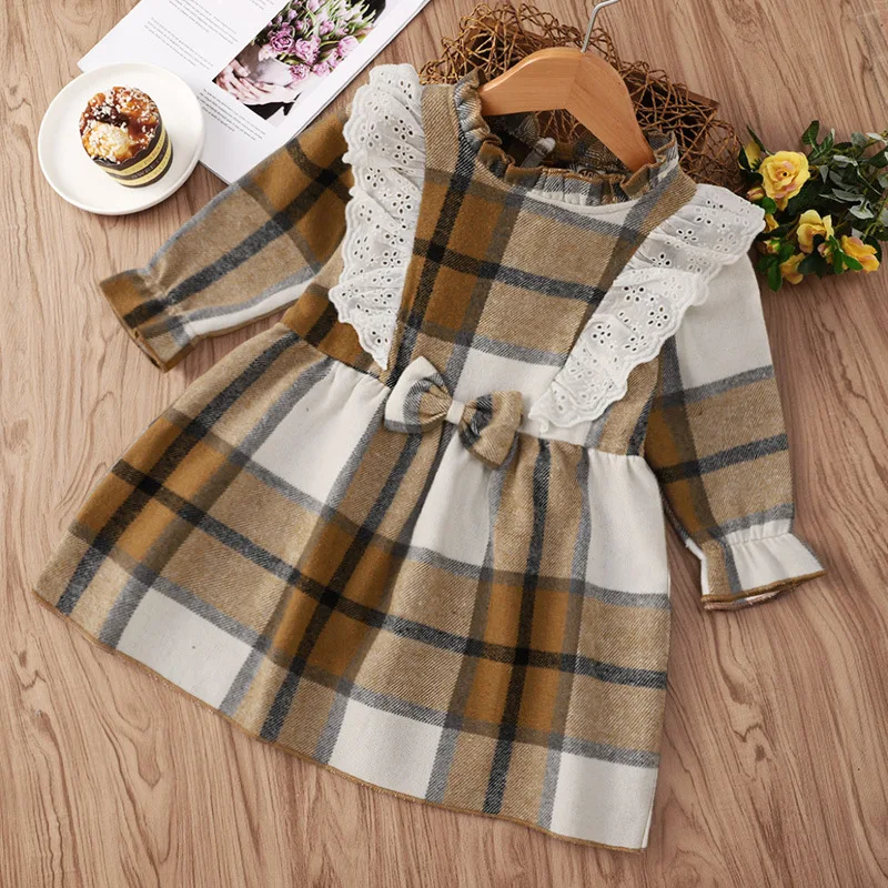 2022 new spring long-sleeved lattice lace collar children's dress 0-6 years old baby western-style | Детская одежда и обувь