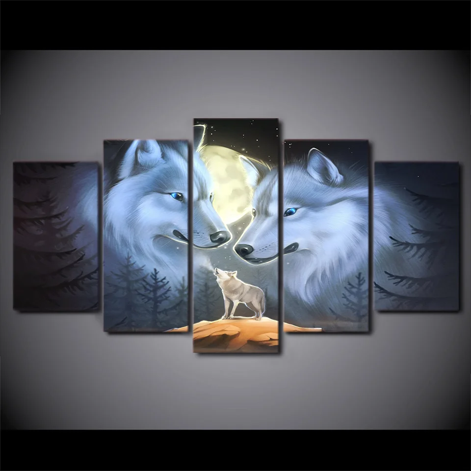 

Wall Art Room Home Decor Frame Canvas HD Prints Poster 5 Pieces Full Moon Night Animal Wolves Painting Landscape Pictures