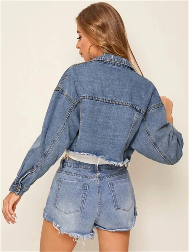 

Autumn Women Sexy Ripped Denim Jackets 2020 Vintage Casual Short Jean Jacket Puff Sleeve Winter Female Coat Streetwear Plus Size