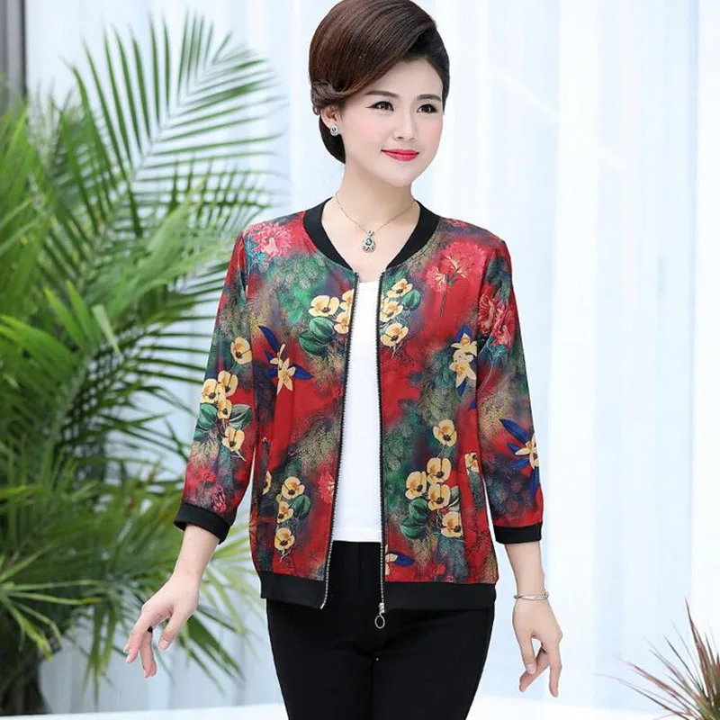 

Silk Short Jacket Stand Collar Long Sleeve Seven-Sleeve Large Size Loose Tops Spring Summer Ms Sunscreen Shirt Baseball Wear