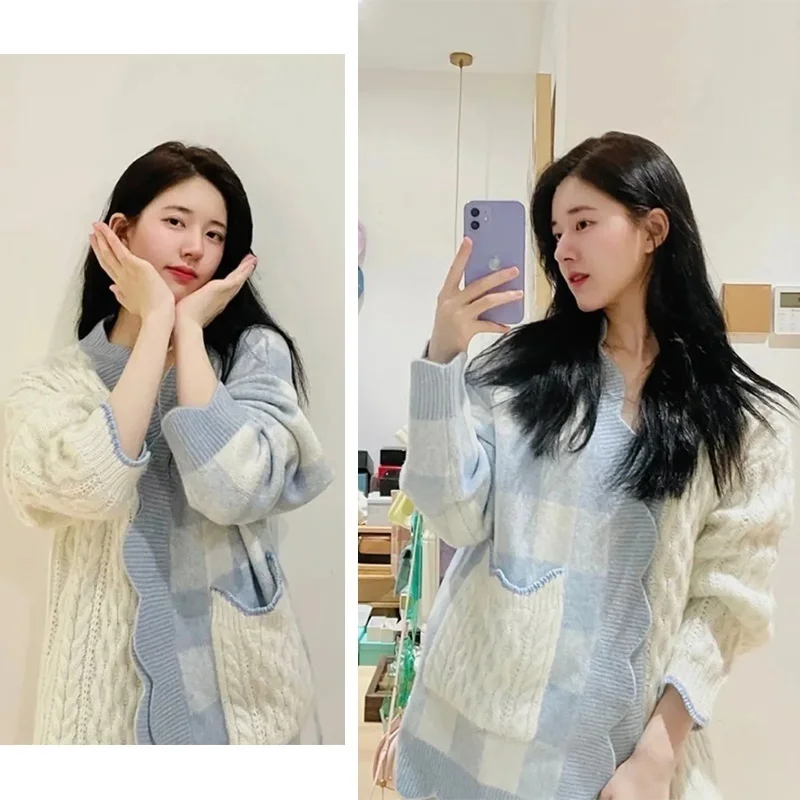 

Zhao Same Style Loose Design Sweater Cardigan Coat Women's Style Plaid Knitted Top 2021 Spring and Autumn