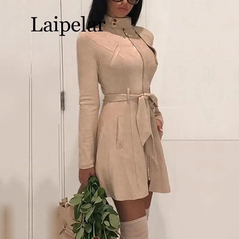 Осеннее женское повседневное замшевое пальто Laipelar с поясом кожаное длинное