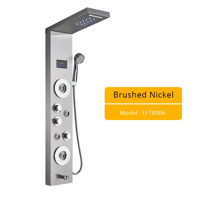 Brushed Nickel 8006A Роскошный светодиодный смеситель для душа, матовый никель, спа Массажная струйная душевая панельная башня, кран с цифровым температурным экраном для ванной комнаты - Цвет: Brushed Nickel 8006A