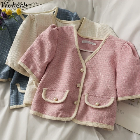 Woherb Korean Vintage Women Plaid Coat Summer Short Sleeve V-neck Tweed Jackets Chic Ladies Fashion Jacket Tops Femme 2023