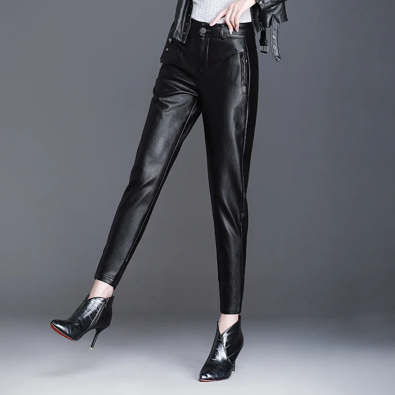 

cropped pants relax slacks leather harem pants plus size Women's winter long leather pants female large size loose casual black