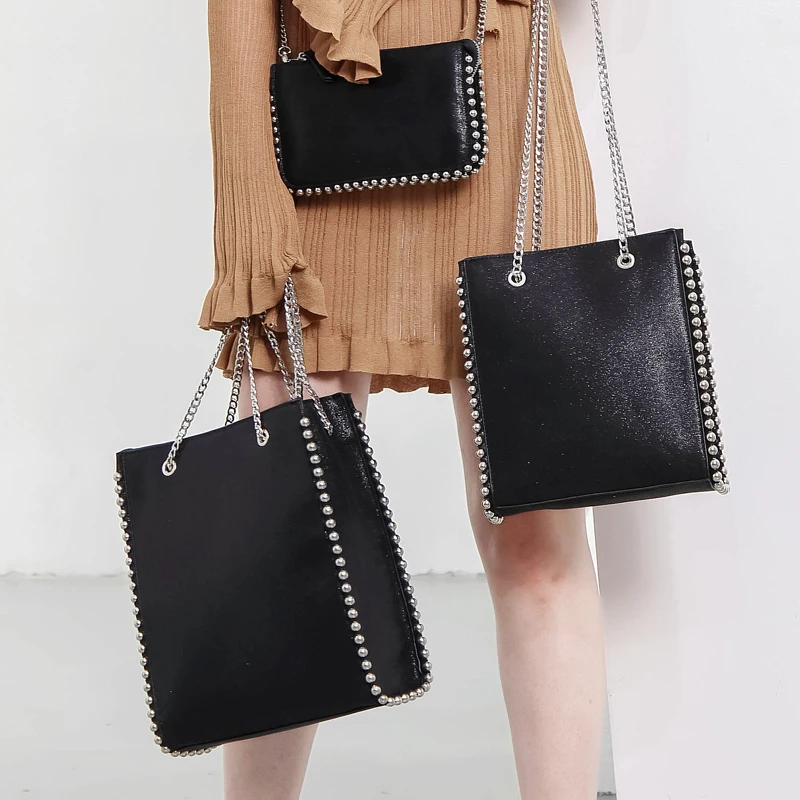 

Retro Chains Rivet Large Capacity Tote Designer Bead Women Shoulder Bags Luxury PU Leather Messenger Bag Lady Big Bucket Purses