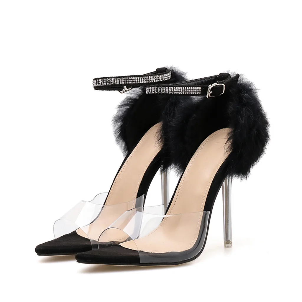 

Woman's Stripper Heels Sandals Black 2020 Transparent Pleaser Heels Shoes tacones mujer Luxury Fluffy Sandal Ladies Club Shoes