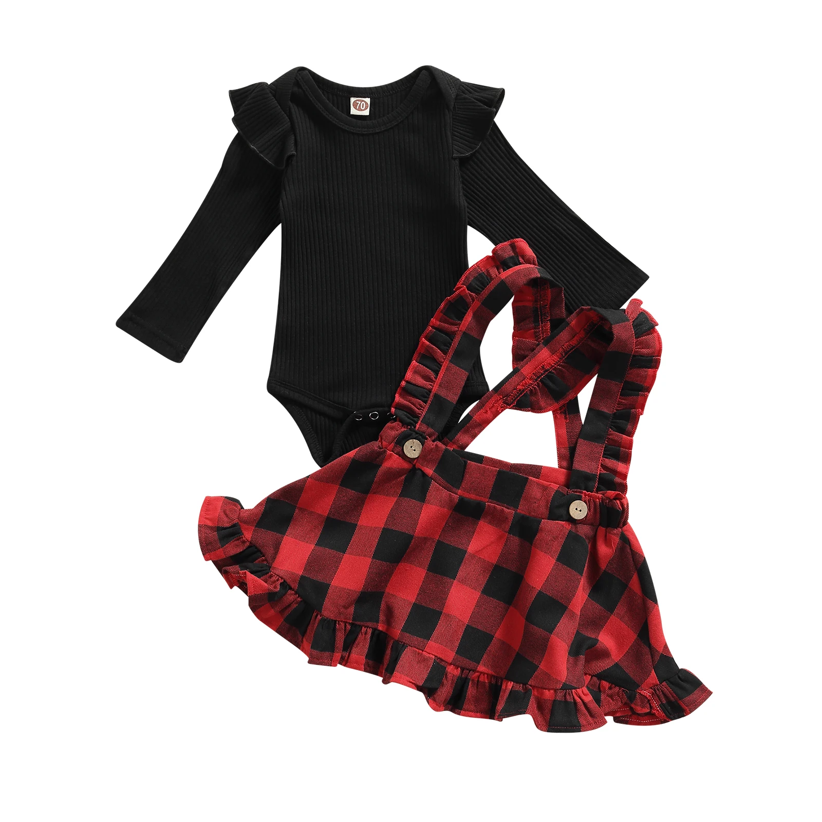 

2021-06-25 Lioraitiin 0-18M 2Pcs Baby Girl Fall Clothes Ruffle Long Sleeve Rib Knit Bodysuit Plaid Suspender Skirt Set