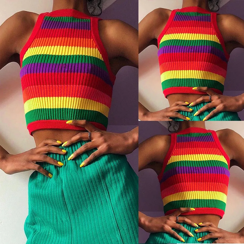 Летний короткий топ Женский Радужный полосатый жилет модный вязаный без рукавов