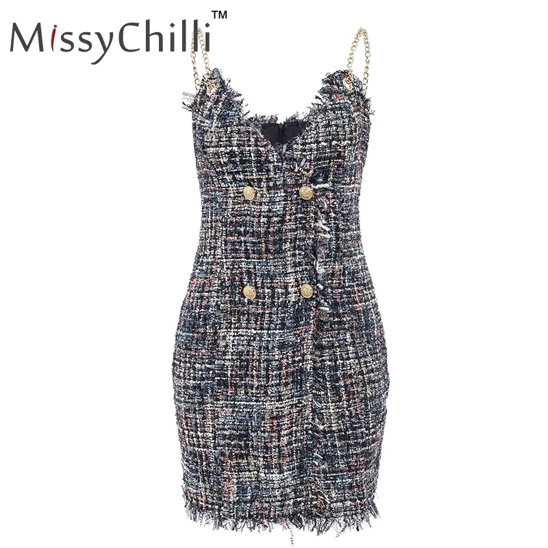 Женское твидовое платье MissyChilli короткое вечернее с цепочкой Осеннее элегантное