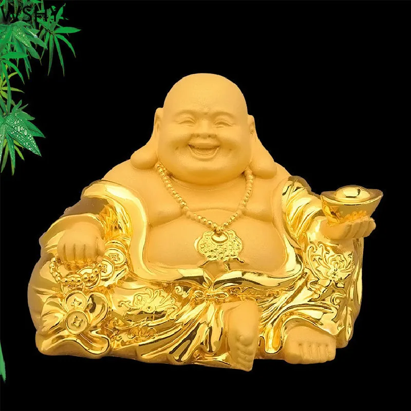 

Gold Lucky Fengshui Resin Laughing Buddha Statue Buddhism Money Maitreya Buddha Sculpture Figurines Home Living Room Decoration
