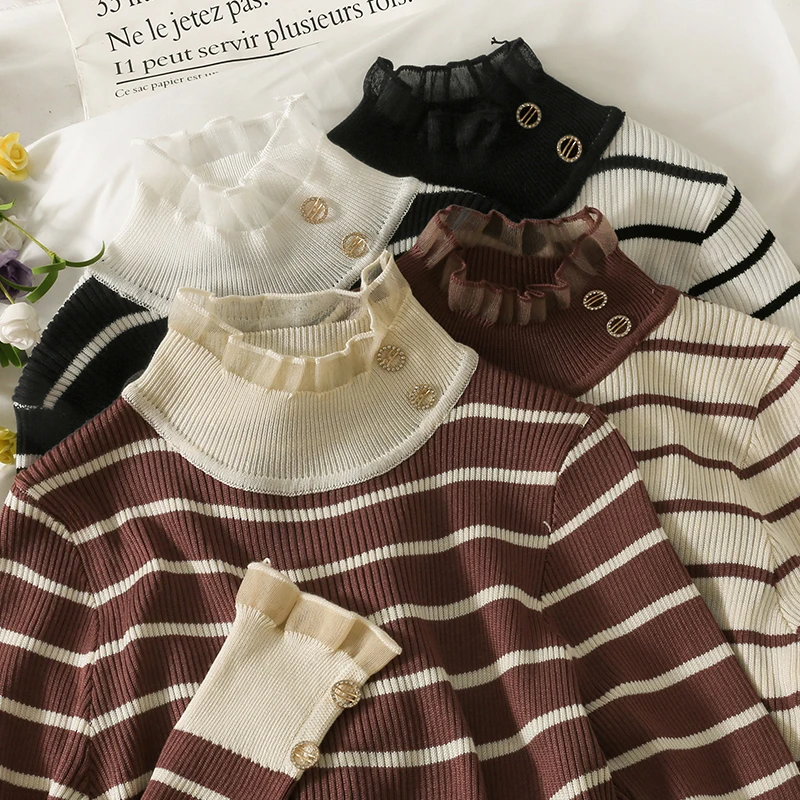 

Осенний вязаный джемпер в полоску, топы, водолазка с оборками и длинными рукавами, пуловеры, Повседневные свитера, женская рубашка, облегающ...