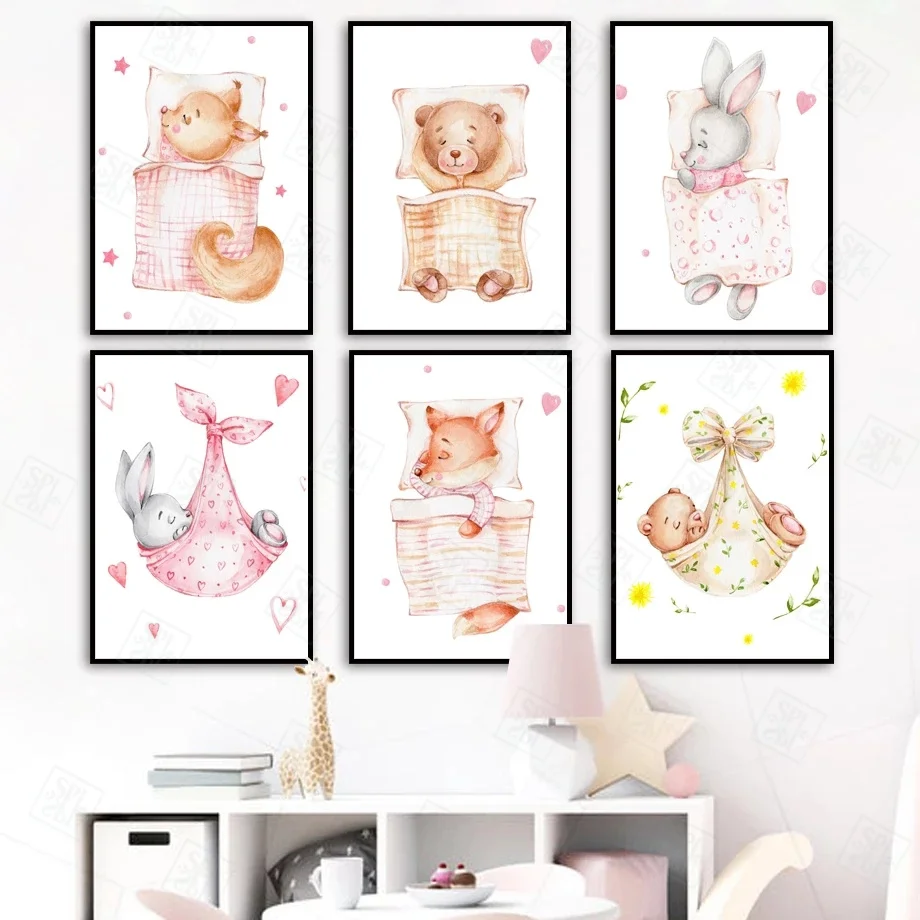 Картина на холсте с мультяшными животными декор для детской комнаты кролик
