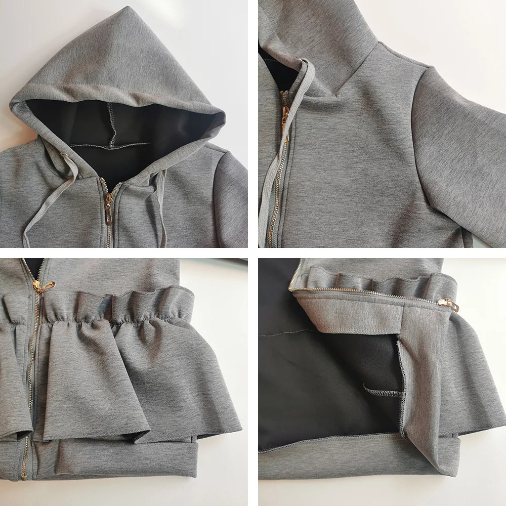 

Kawaii Ruffle Women Zip Up Sweatshirt Hoodie Khaki Black Autumn Coat Female High Waist Peplum Hooded Casual Jacket Korean