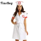 Женский сексуальный костюм медсестры, воротник с отворотом, короткий рукав, на пуговицах, женское нарядное платье униформа с поясом и шапкой, наряд для взрослых на Хэллоуин