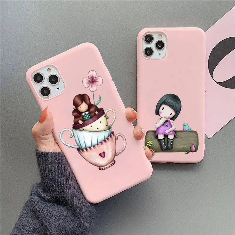 

Cartoon girls Phone Case For iphone 13 12 11 Pro Max Mini XS 8 7 6 6S Plus X SE 2020 XR Matte Candy Pink Silicone cover