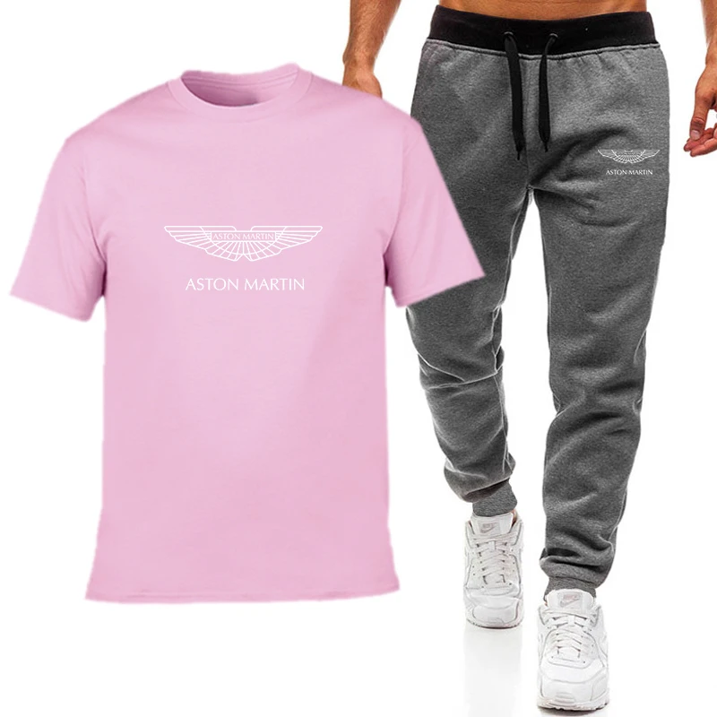 

Men Casual Tracksuit Summer Sportswear ASTON MARtin car Two Piece Set T Shirt Brand Track Clothing Male Sweatsuit Sports Suits