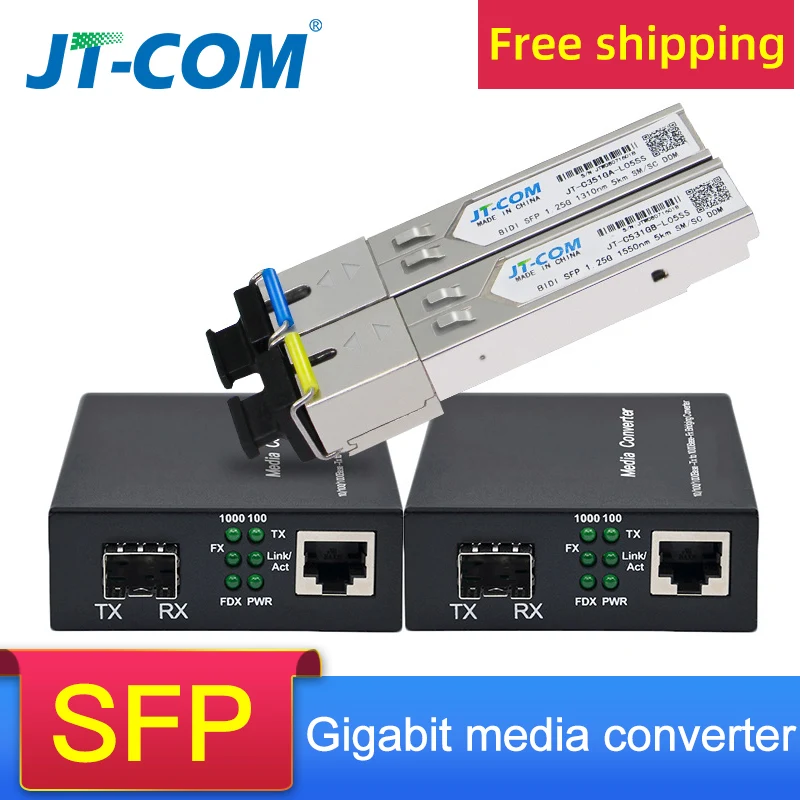 Медиаконвертер Gigabit SFP, модуль трансивера, 5 км, 1000 Мбит/с, Fast Ethernet, RJ45, волоконно-оптический переключатель, 2 порта SC, одномодовый