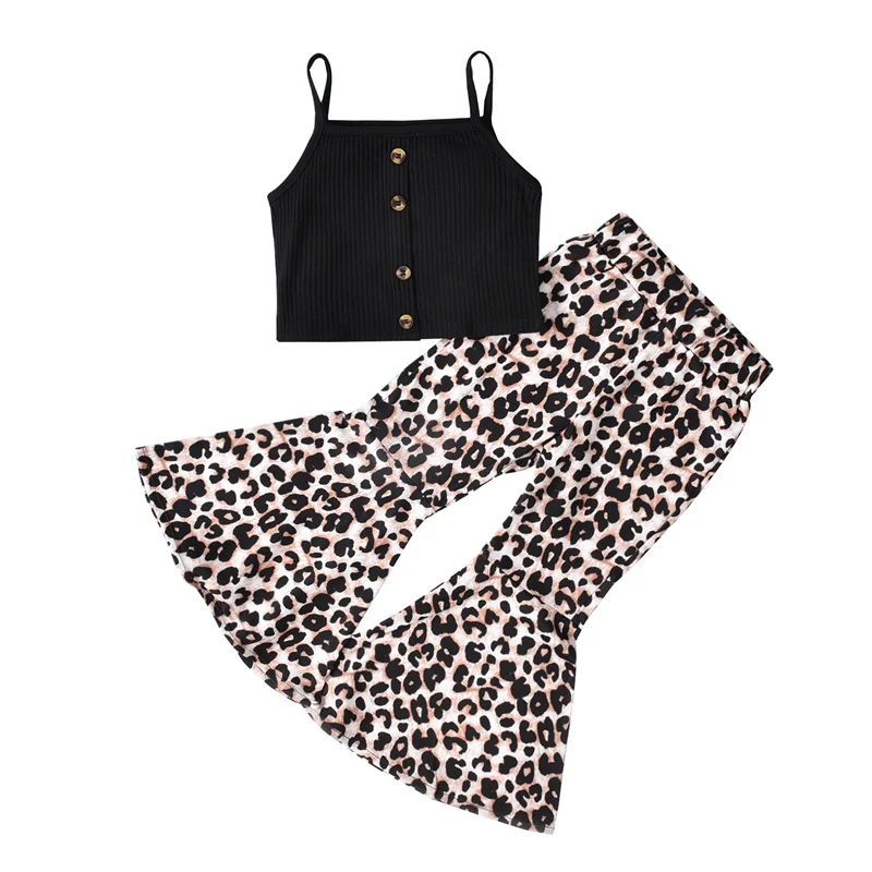 

2021 Baby casual Camisole + Flared Pants, Leopard Print Elastic High Waist Casual Style Summer Clothing