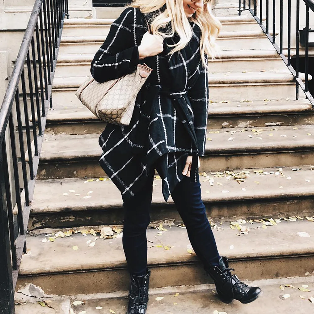 

Autumn Winter Coats Vintage Plaid Wool Coats Navidad Black Jacket for Women Elegant Lace Up Medium Length Tops Jackets Oversized