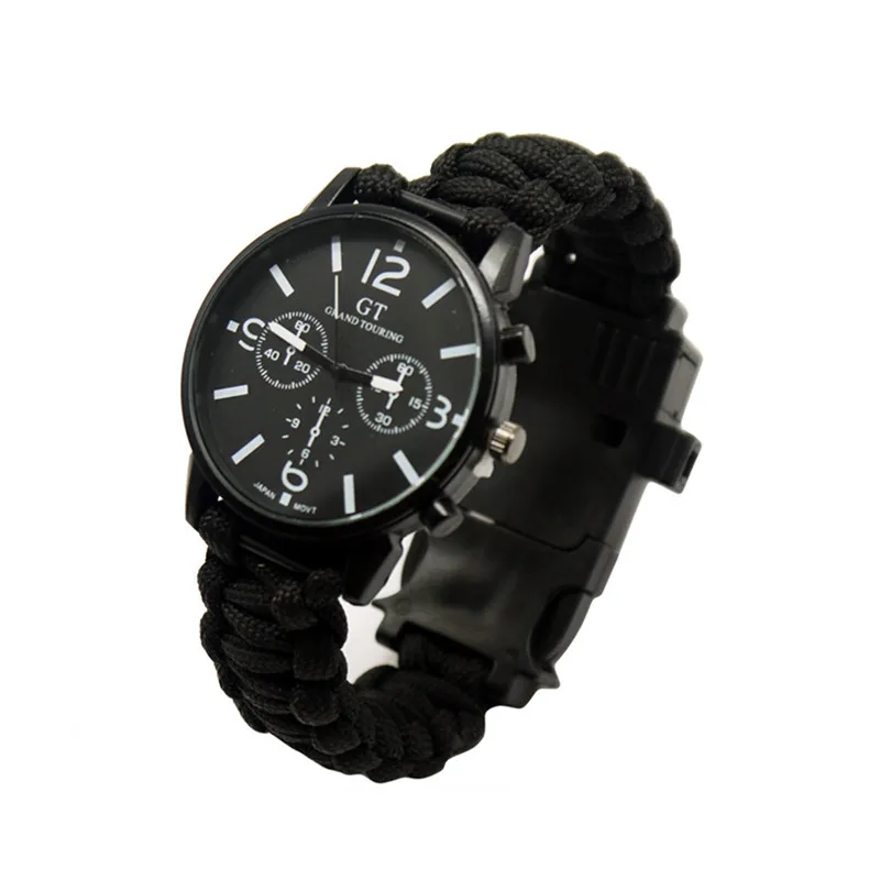 Black with opp bag Открытый многофункциональный кемпинг выживания часы инструменты с светодиодный светильник 550Ibs Паракорд компас свисток отражатель - Цвет: Black with opp bag