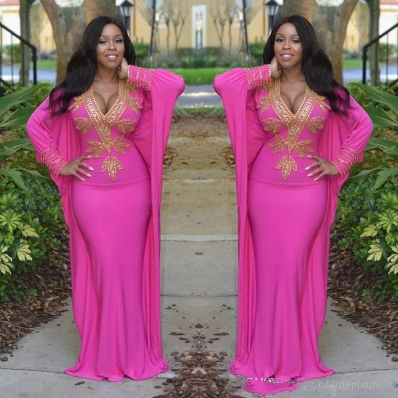 

Горячий розовый Арабский Дубай марокканский кафтан турецкие Выпускные платья с длинным рукавом глубокая Вышивка Вечерние платья золотые бусины для выпускного вечера